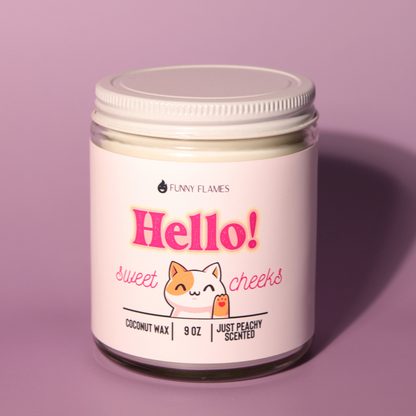 Hello Sweet Cheeks (Funny Cat) Peach Funny Candle